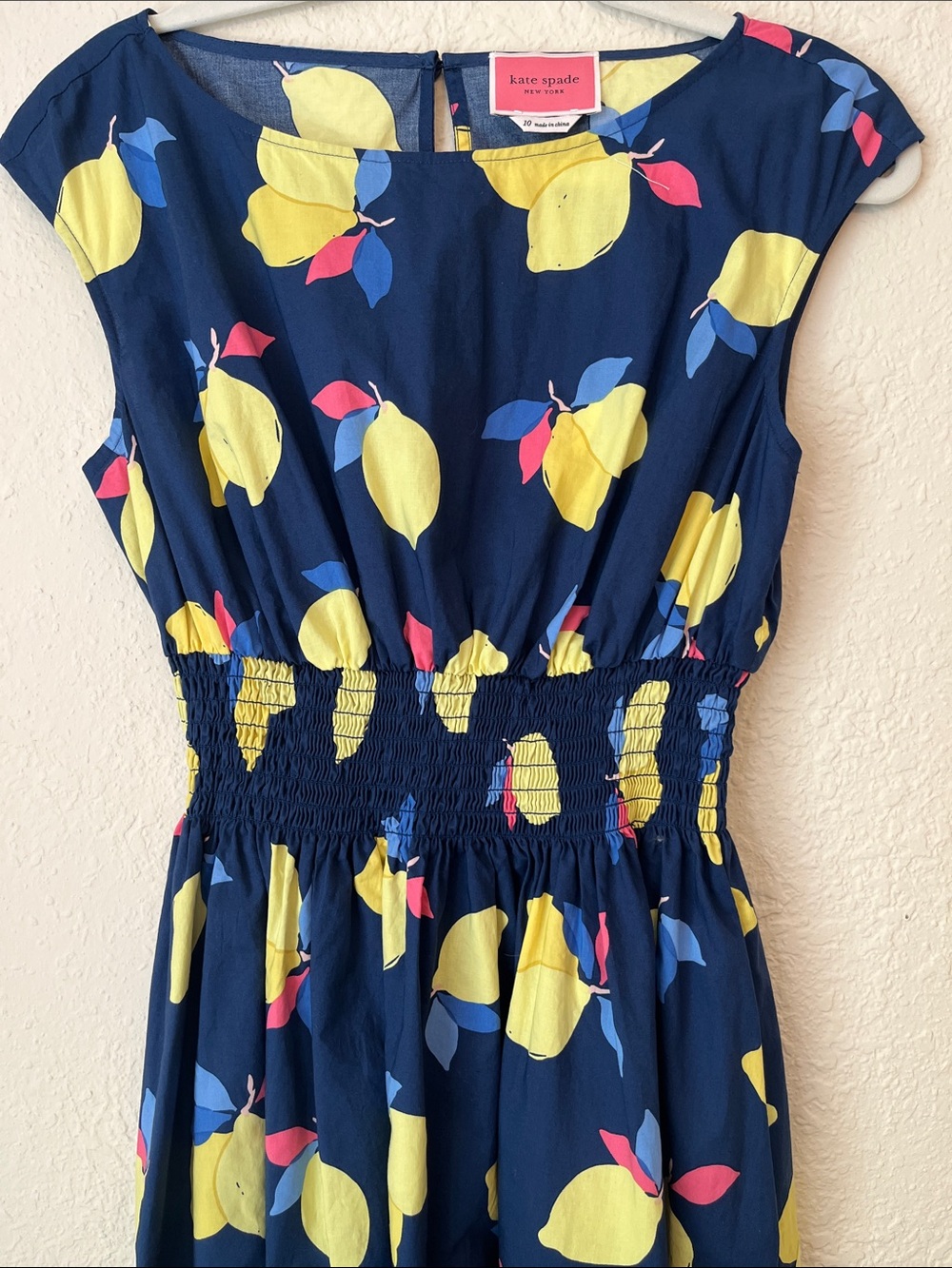 kate spade Navy Lemon Print Shirred-Waist Summer Dress - Picture 3 of 8